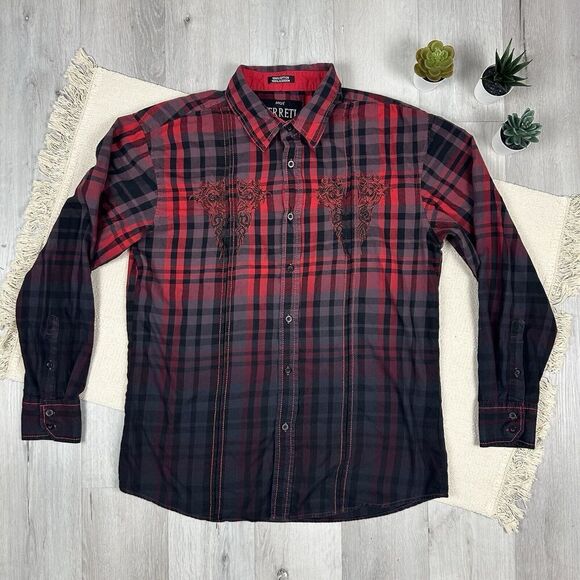 Moy Ferreti Other - Moy Ferreti Mens Shirts Western Plaid Embroidery Red Black Size L